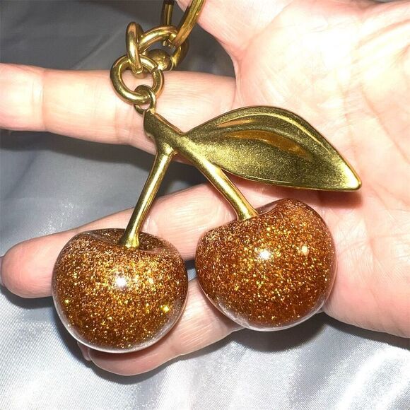 Cherry Charm Keychain Gold Glitter Resin Unisex Fashion Accessory - Picture 3 of 4